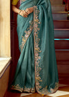 Teal Blue Designer Tissue Silk Saree With Embroidery