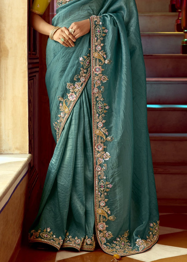 Teal Blue Designer Tissue Silk Saree With Embroidery