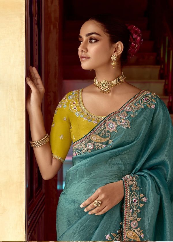Teal Blue Designer Tissue Silk Saree With Embroidery