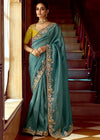 Teal Blue Designer Tissue Silk Saree With Embroidery
