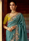 Teal Blue Designer Tissue Silk Saree With Embroidery