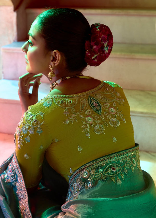 Teal Blue Designer Tissue Silk Saree With Embroidery