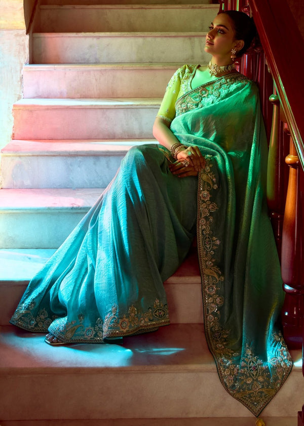 Teal Blue Designer Tissue Silk Saree With Embroidery