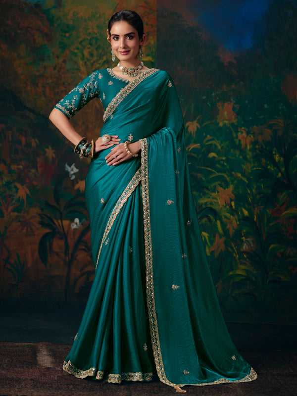 Teal Blue Embroidered Designer Satin Silk Saree