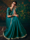 Teal Blue Embroidered Designer Satin Silk Saree