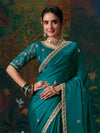Teal Blue Embroidered Designer Satin Silk Saree, pallu and blouse