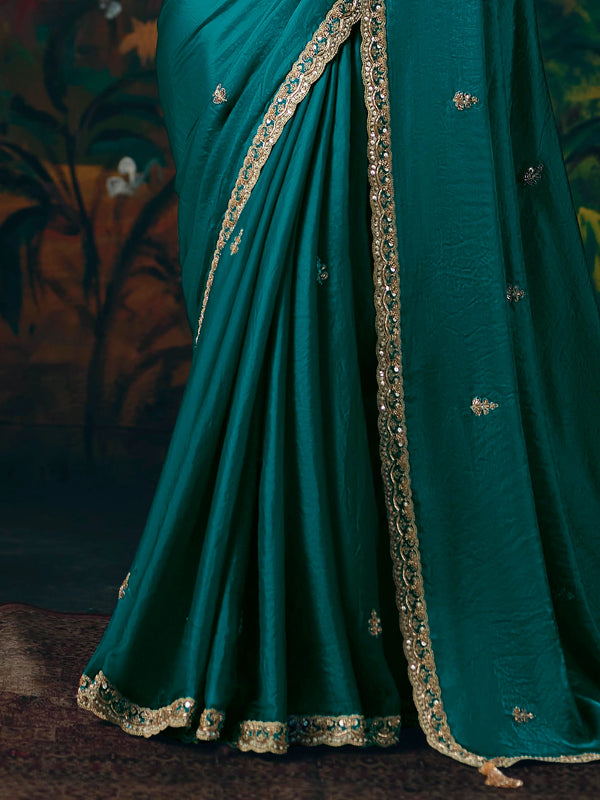 Teal Blue Embroidered Designer Satin Silk Saree, border and drape