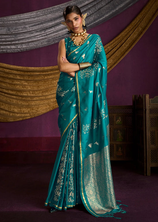 Teal Blue Satin Silk Saree