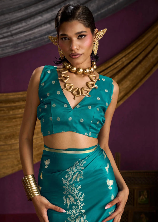 Teal Blue Satin Silk Saree