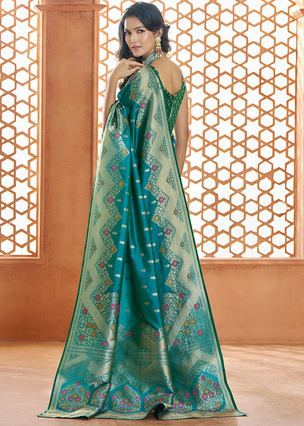 Teal Blue Woven Banarasi Soft Silk Saree