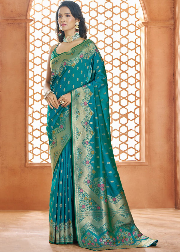 Teal Blue Woven Banarasi Soft Silk Saree