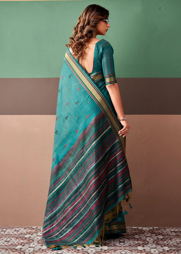Peacock Teal Woven Designer Cotton Saree