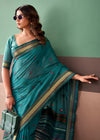Peacock Teal Woven Designer Cotton Saree