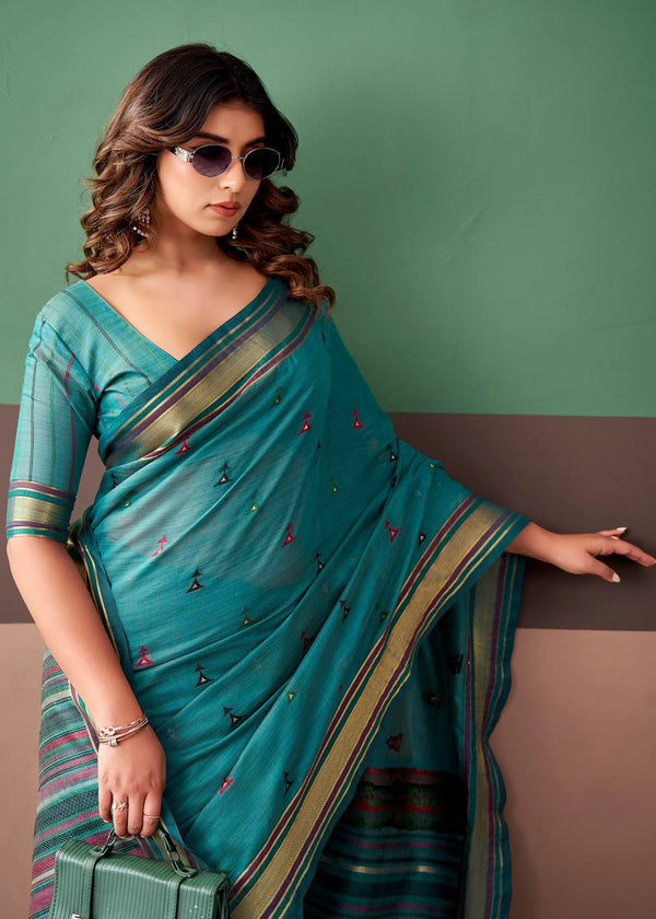 Peacock Teal Woven Designer Cotton Saree