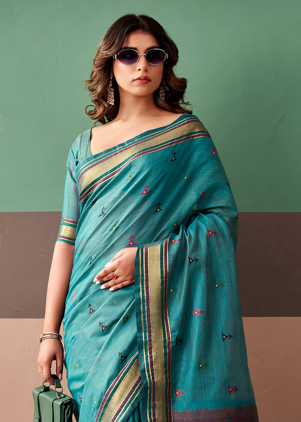 Peacock Teal Woven Designer Cotton Saree