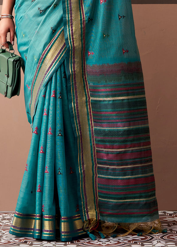 Peacock Teal Woven Designer Cotton Saree