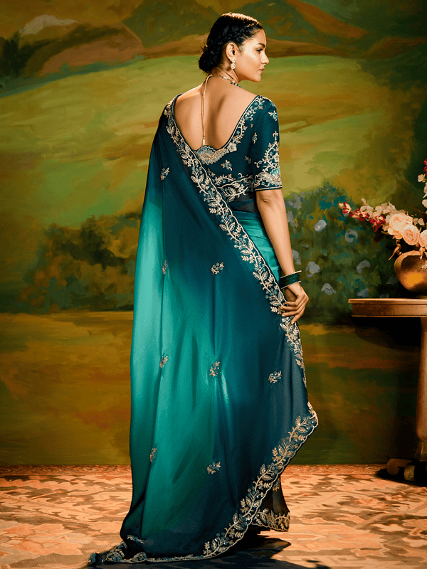 Teal Georgette Designer Saree with Embroidery