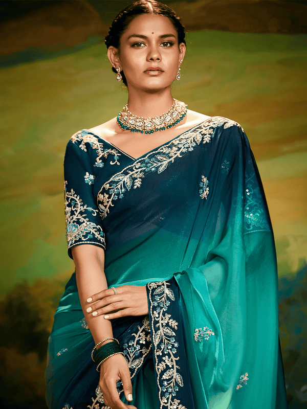 Teal Georgette Designer Saree with Embroidery