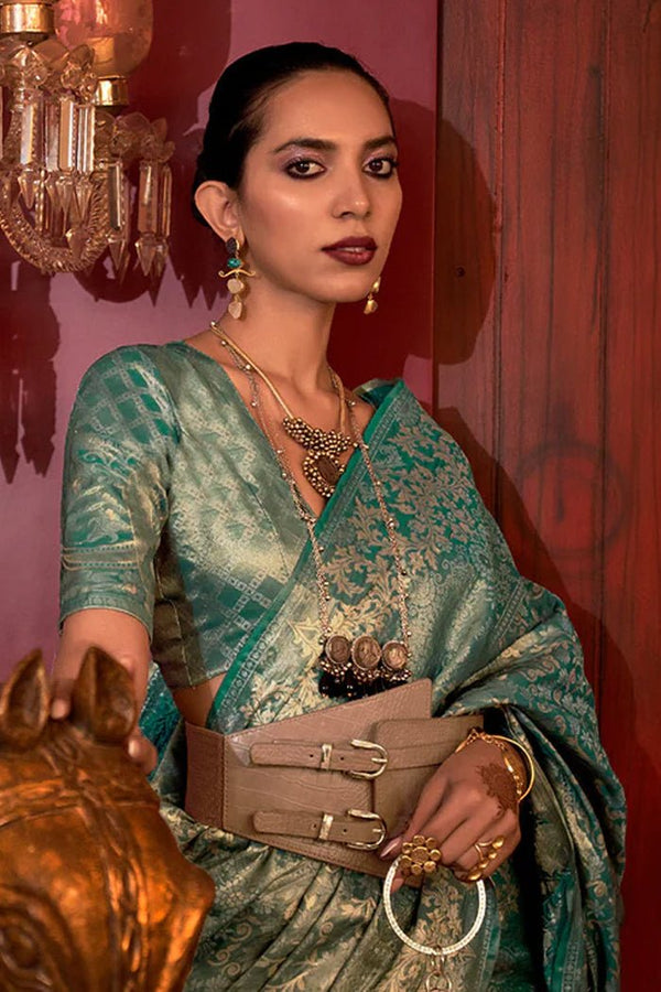 Teal Green Banarasi Handloom Weaving Silk Saree