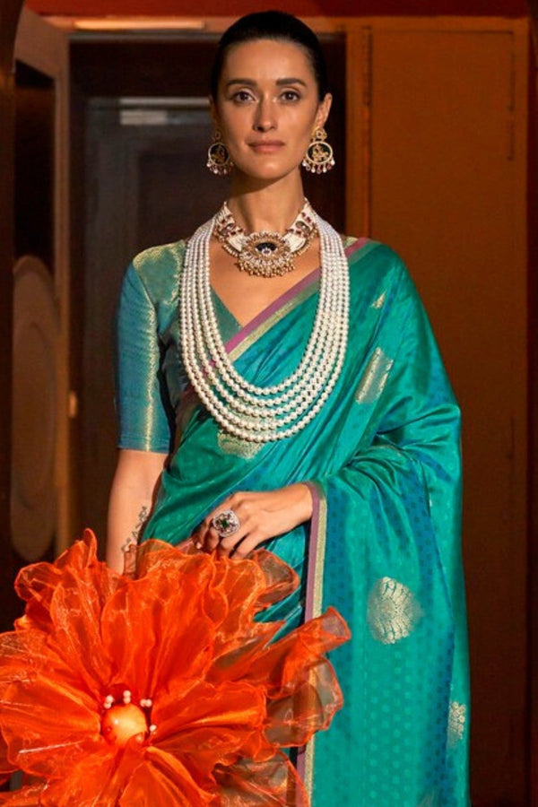 Teal Green Banarasi Silk Saree With Zari Weaving