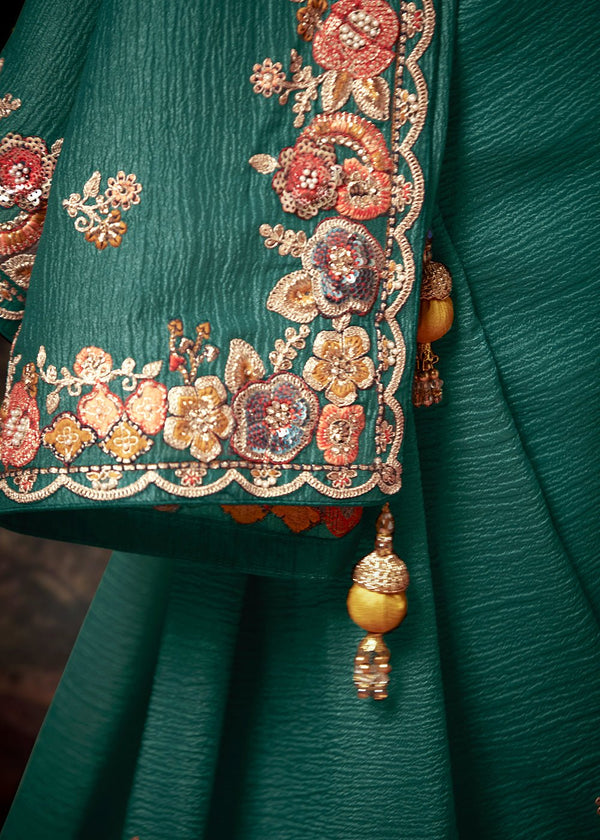 Teal Green Designer Organza Silk Saree With Contrast Blouse