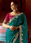 Teal Green Designer Tissue Silk Saree With Heavy Embroidery