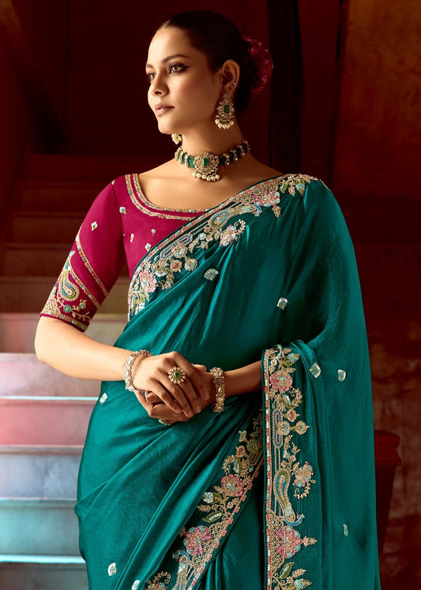 Teal Green Designer Tissue Silk Saree With Heavy Embroidery