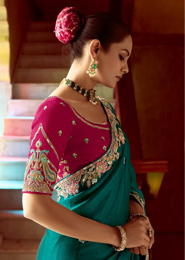 Teal Green Designer Tissue Silk Saree With Heavy Embroidery