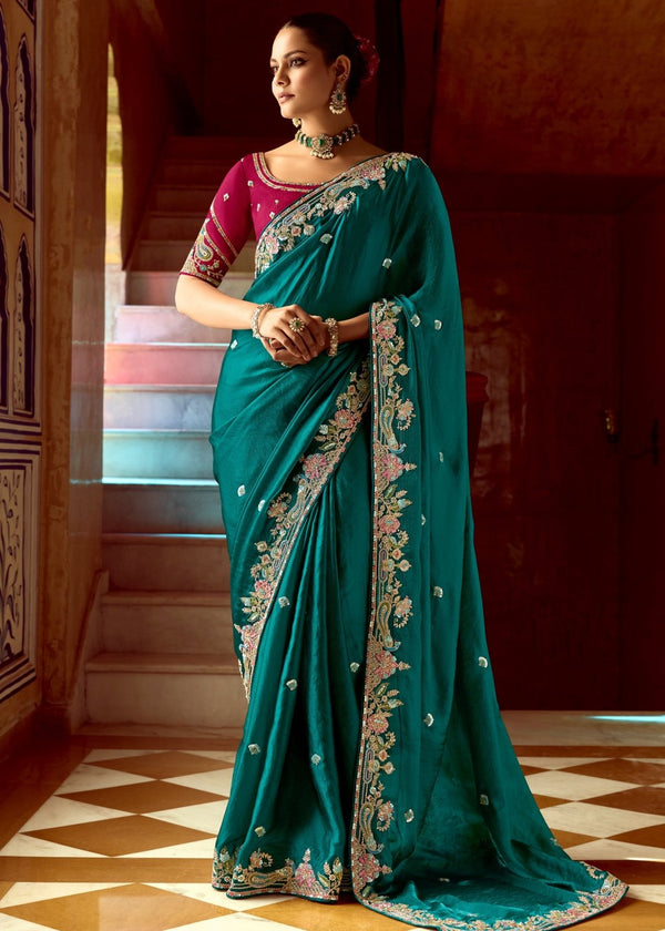 Teal Green Designer Tissue Silk Saree With Heavy Embroidery