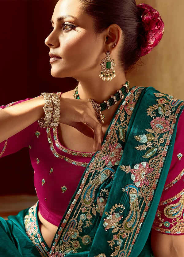 Teal Green Designer Tissue Silk Saree With Heavy Embroidery