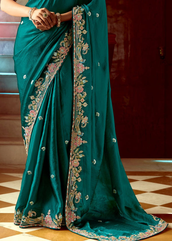 Teal Green Designer Tissue Silk Saree With Heavy Embroidery