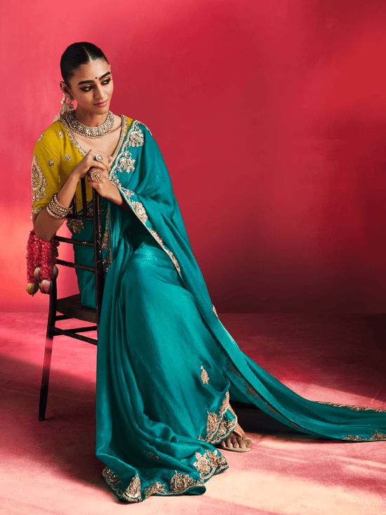 Teal Green Embroidered Designer Satin Silk Saree With Contrast Blouse