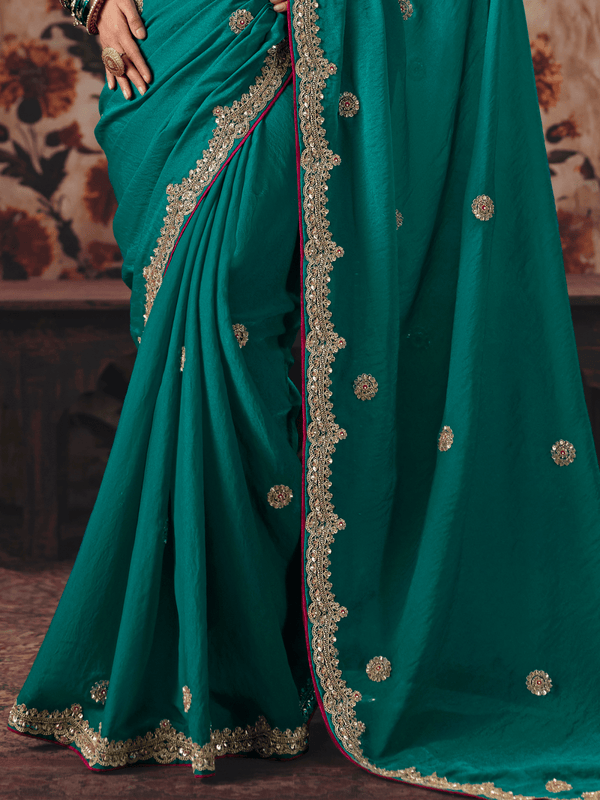 Teal Green Embroidered Designer Satin Silk Saree With Contrast Blouse