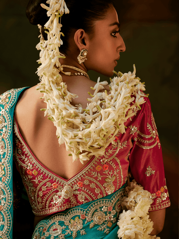 Teal Green Embroidered Designer Tissue Silk Saree With Contrast Blouse