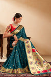 Teal Green Paithani Silk Saree with Gold Zari Peacock Motif Pallu