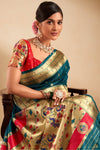 Teal Green Paithani Silk Saree with Gold Zari Peacock Motif Pallu