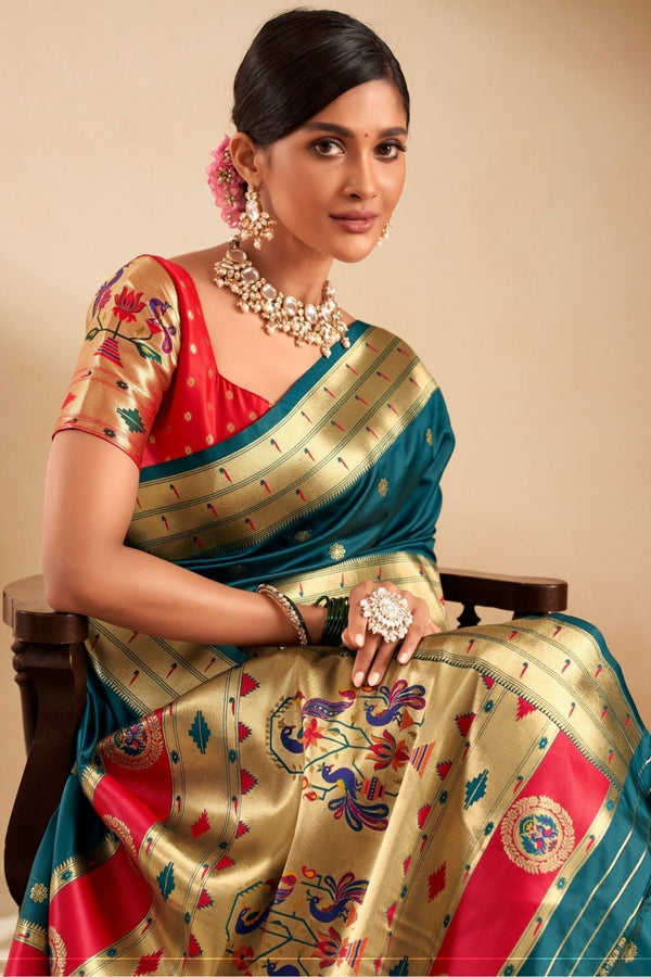Teal Green Paithani Silk Saree with Gold Zari Peacock Motif Pallu