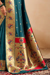 Teal Green Paithani Silk Saree with Gold Zari Peacock Motif Pallu