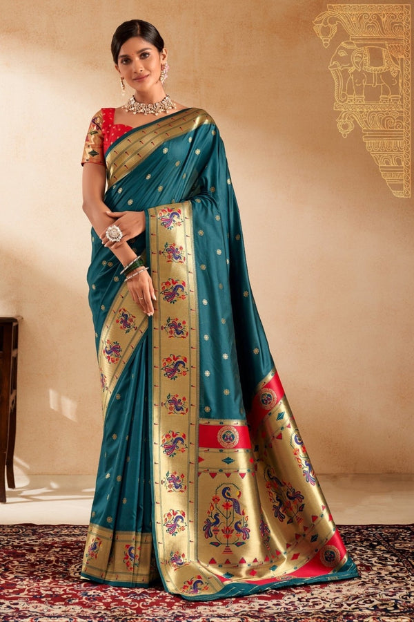 Teal Green Paithani Silk Saree with Gold Zari Peacock Motif Pallu