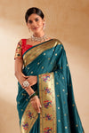 Teal Green Paithani Silk Saree with Gold Zari Peacock Motif Pallu