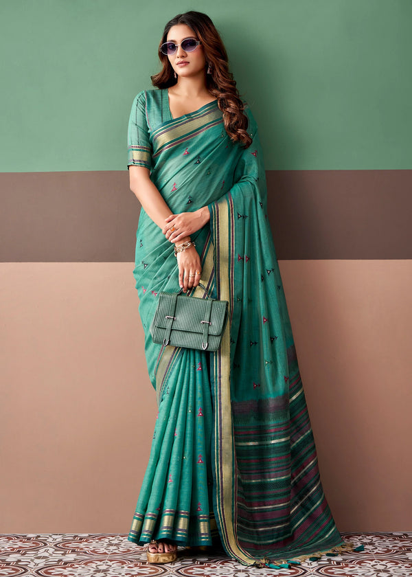 Jade Green Woven Designer Cotton Saree