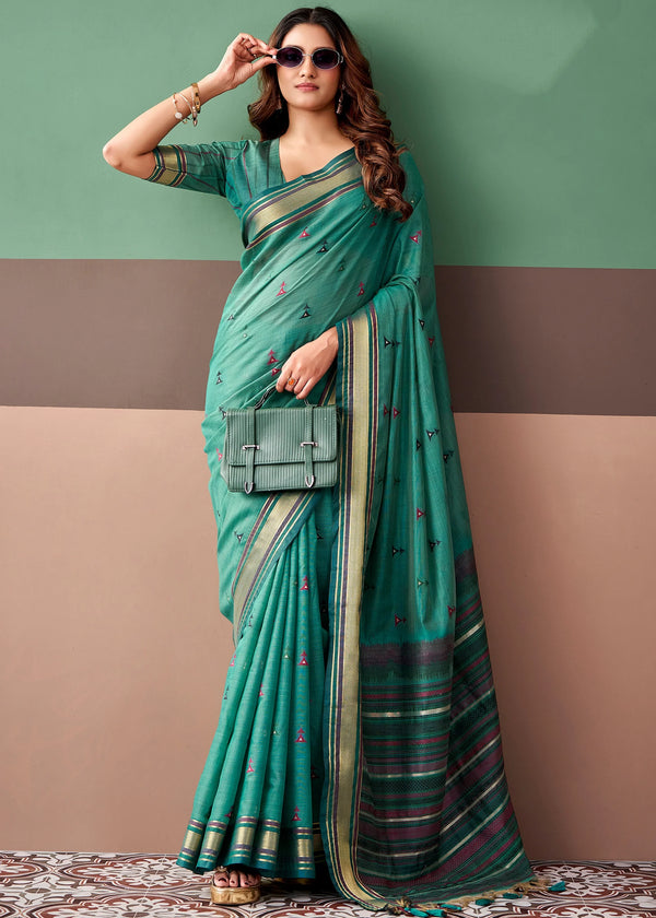 Jade Green Woven Designer Cotton Saree