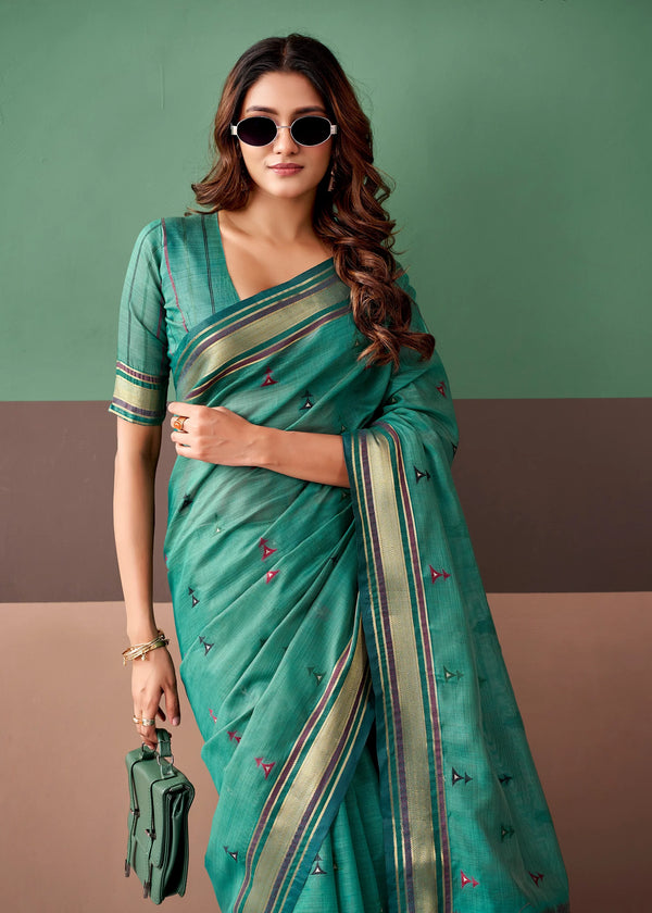 Jade Green Woven Designer Cotton Saree