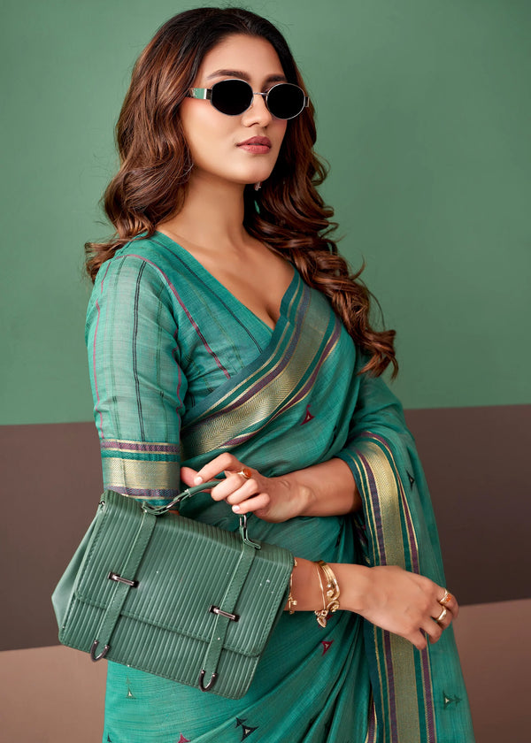 Jade Green Woven Designer Cotton Saree