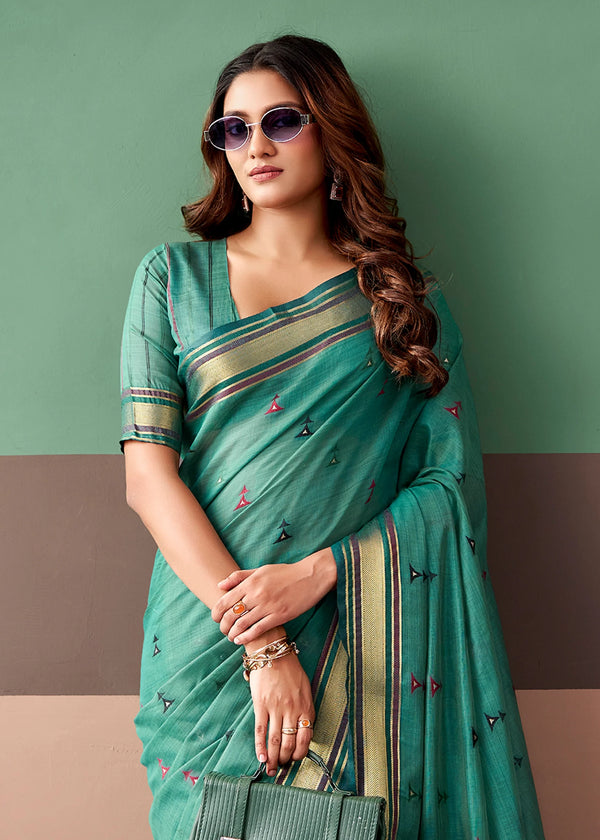 Jade Green Woven Designer Cotton Saree