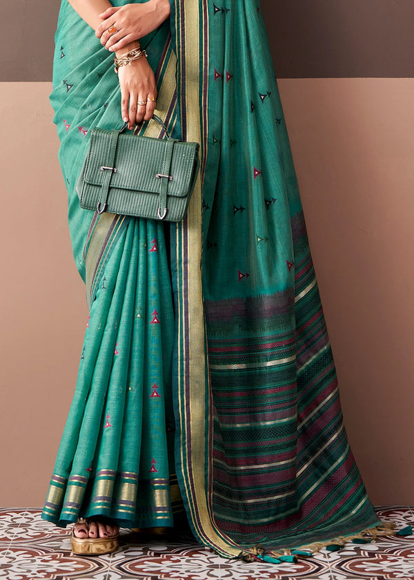 Jade Green Woven Designer Cotton Saree