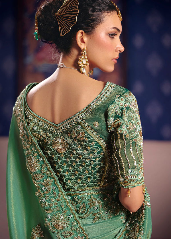 Teal Green Zari Tissue Designer Embroidered Saree