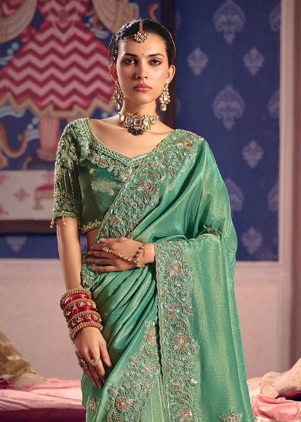 Teal Green Zari Tissue Designer Embroidered Saree