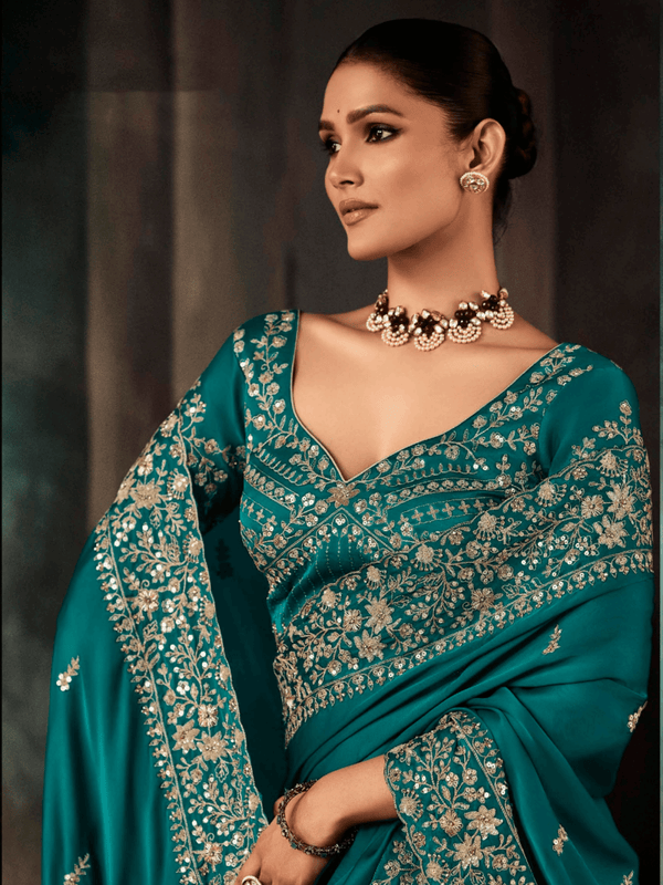 Teal Satin Silk Saree