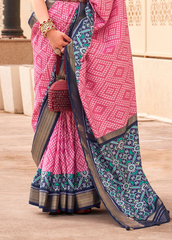 Tickle Me Pink And Navy Blue Woven Printed Patola Silk Saree